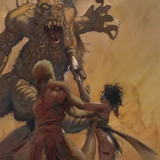 Prompt: a soldier with his back to the viewer, looks up to a giant demoness, by jon foster