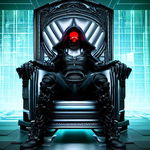 Image similar to evil cyberpunk dark lord sitting on a throne, highly detailed, photorealistic portrait, bright studio setting, studio lighting, crisp quality and light reflections, unreal engine 5 quality render