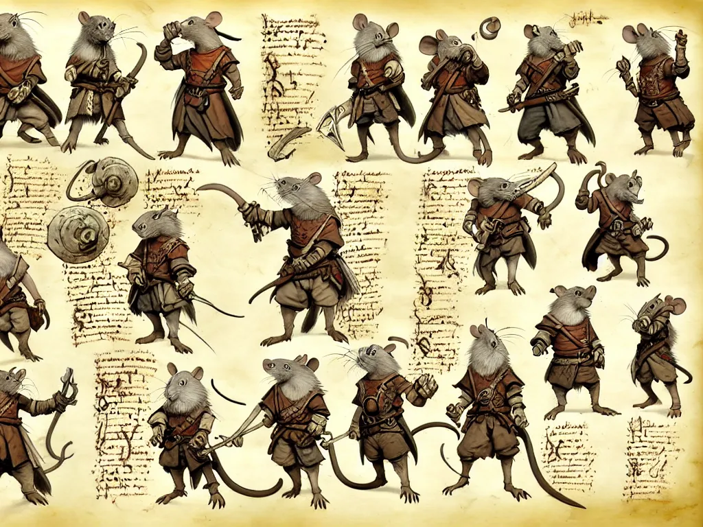 Image similar to character design sheet for a group of heroic rat pirates on a parchment background, redwall, greg rutowski and jean baptiste monge, very very detailed, epic fantasy concept art