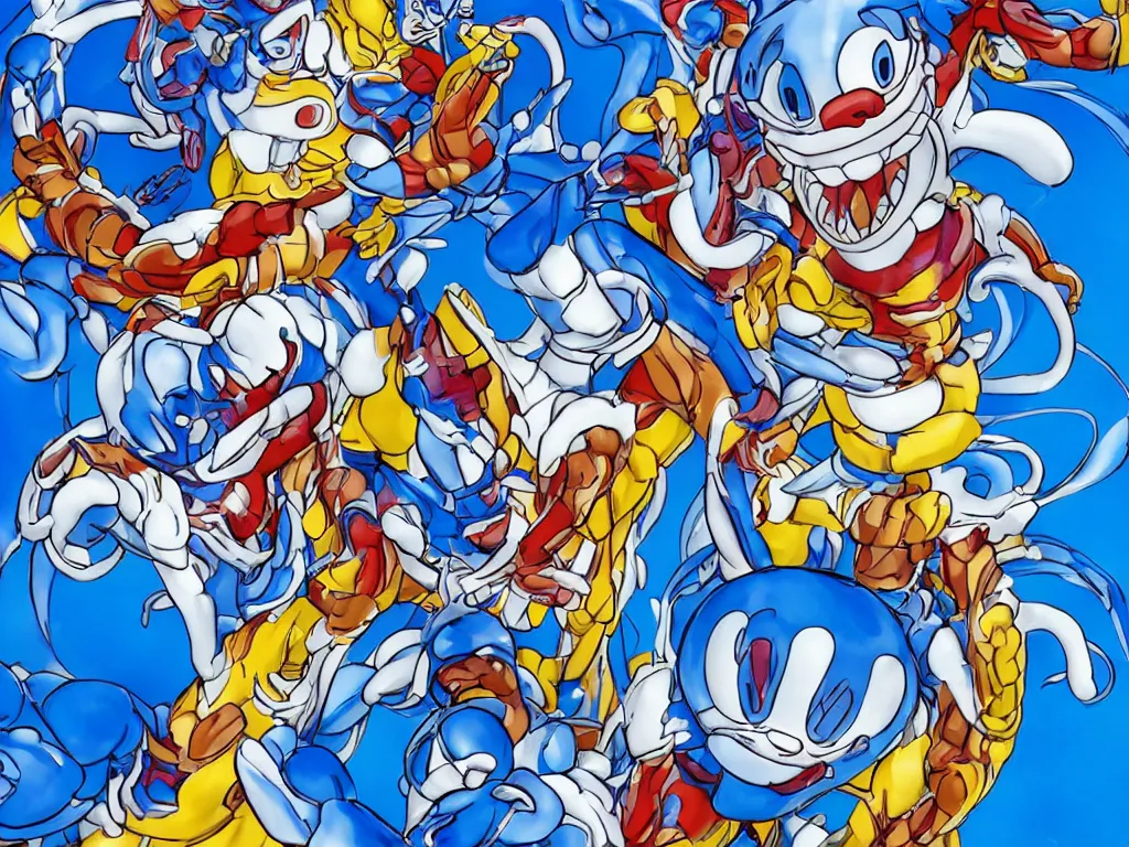 Image similar to Jeff Koons Doraemon Dorami Street Sharks Venom Galaxy Rangers Fractal Dragon statue, in the style of Hajime Sorayama, Max Fleischer, Boris Vallejo