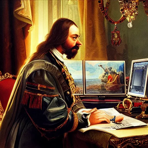 Prompt: russian tsar Peter The Great 18th century installs operating system on desktop computer oil painting, detailed, artfully traced, 4k resolution, cinematic, dramatic