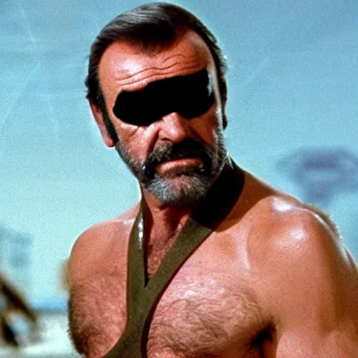 Prompt: sean connery as big boss, eye patch, white hair, movie still