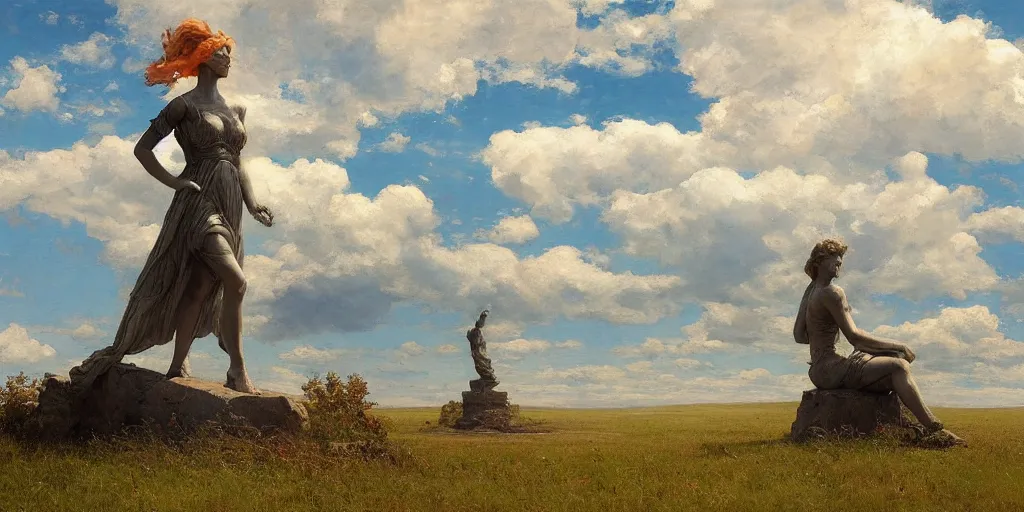 Prompt: Lone statue in a vast field by Alexander Averin and Charlie Bowater and Guillaume Seignac and Charles Edward Perugini