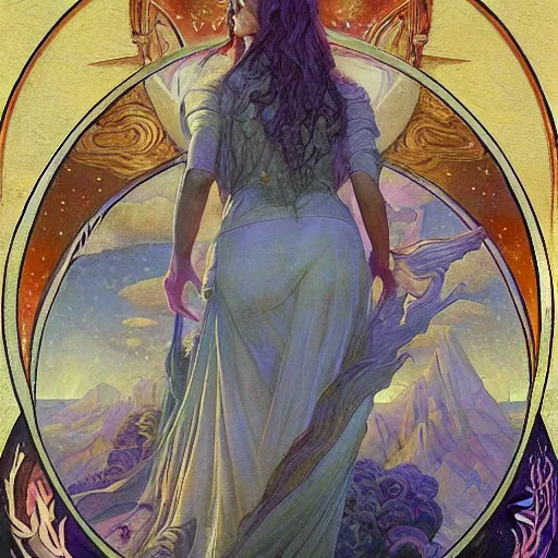 Prompt: queen of the moon with stars in her hair, by annie swynnerton and tino rodriguez and donato giancola and nicholas roerich and jean delville and diego rivera and charlie bowater, dramatic lighting, god rays, geometric tattoos, rich colors, smooth sharp focus, extremely detailed, adolf wolfli