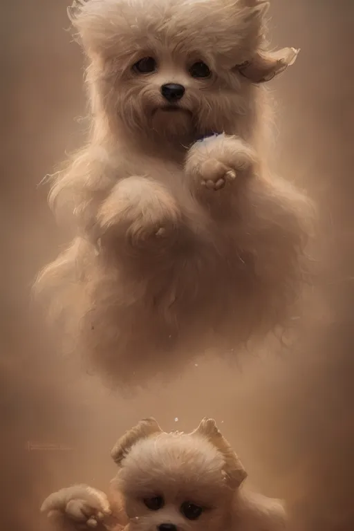 Image similar to cute adorable shih-poo, realistic and ultra intricate detailed soft painting, volumetric lighting, mist, Artstation, Tom Bagshaw Yasushi Nirasawa Moebius artstyle, unreal render, depth of field