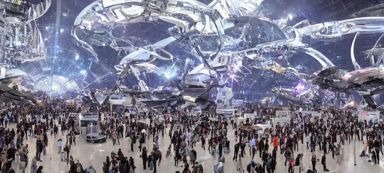 Prompt: A view of the world biggest exhibition of futuristic weapons, showcases full of interesting incredible mechanisms and components, photorealistic image, lighting from spotlights, reflections, refractions, volumetric smoke, pyroshow, physics, wow atmosphere