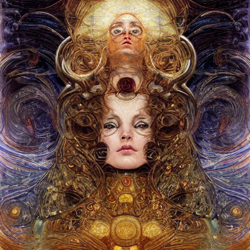 Image similar to Divine Chaos Engine portrait by Karol Bak, Jean Deville, Gustav Klimt, and Vincent Van Gogh, celestial, visionary, sacred, fractal structures, ornate realistic gilded medieval icon, spirals, mystical