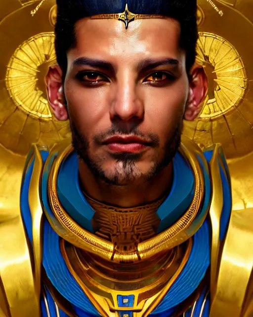 Prompt: portrait of a beautiful cyberpunk egyptian king wearing a golden blue armor, beautiful symmetrical face, golden, fantasy, regal, by stanley artgerm lau, greg rutkowski, thomas kindkade, alphonse mucha, loish, norman rockwell.