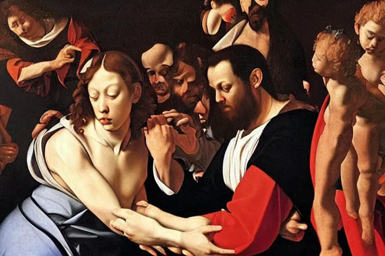 Prompt: A holy painting on an altarpiece of pop culture memes by Caravaggio,