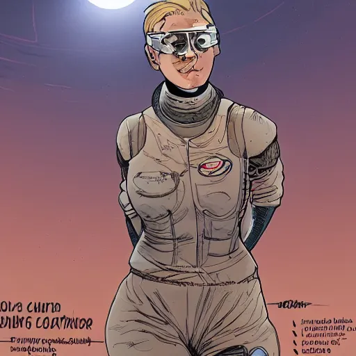 Prompt: comic book page of retrofuture tattooed stoic heroic emotionless dirty butch blonde woman engineer with very short messy dirty hair, full body, staggering on mars, dust storm, thirsty, hungry, uncomfortable awkward and anxious, wearing dark - lensed victorian goggles, wearing dirty ripped flight suit, rough paper, sci fi, behance hd