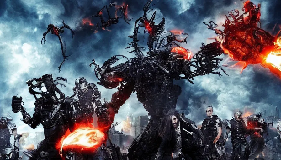 Image similar to big budget action movie about demonic battle cyborgs destroying a city