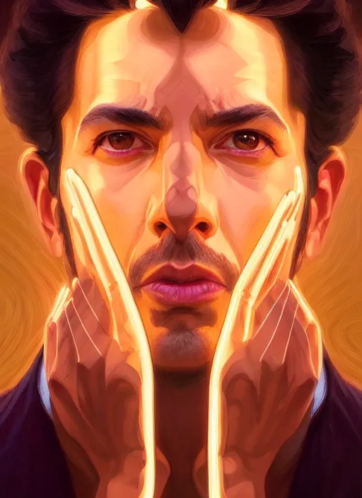 Image similar to symmetry!! portrait of seinfeld, glowing lights!! intricate, elegant, highly detailed, digital painting, artstation, concept art, smooth, sharp focus, illustration, art by artgerm and greg rutkowski and alphonse mucha