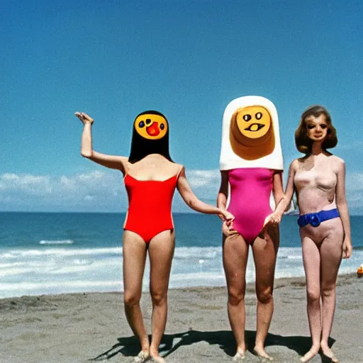 Image similar to 1969 twin women on tv show wearing an inflatable smiley mask with googly eyes, technicolor wearing a swimsuit at the beach 1969 color film 16mm holding a hand puppet Fellini John Waters Russ Meyer Doris Wishman