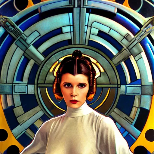 Prompt: princess leia, 1 9 3 0 s goddess, in front of round, art deco death star window, iconic, intricately decorated by alphonse mucha and ralph mcquarrie, hyperrealistic full figure, fantasy art, intricate detailing, dynamic lighting, artstation, full figure poster, very detailed face, 4 k,