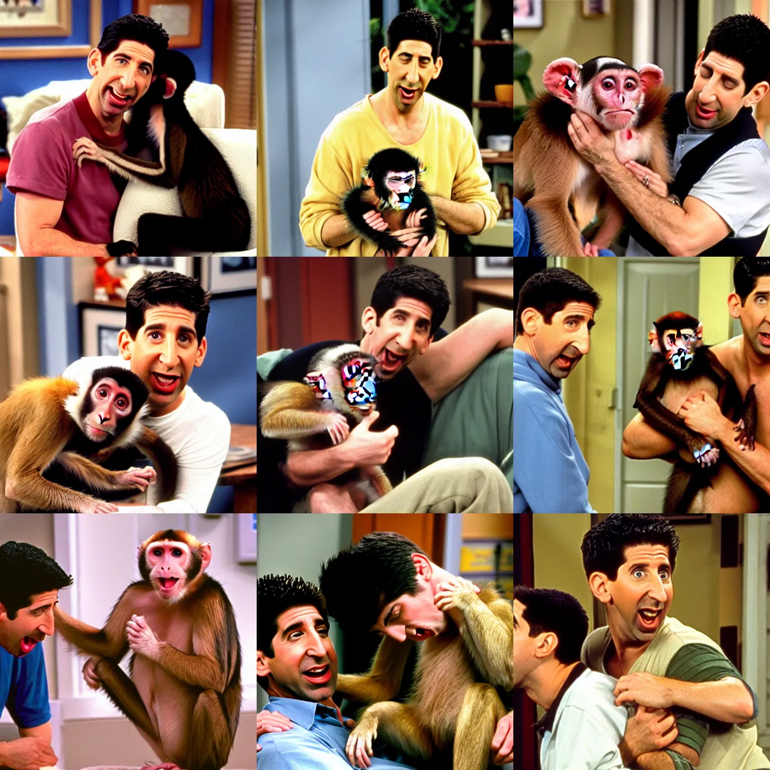 Prompt: ross geller in his apartment being bitten on the arm by a capuchin monkey, ross geller screaming, friends 9 0 s sitcom,