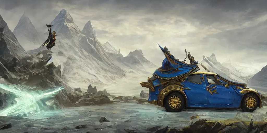 Prompt: wide angle, blue knight with gold sword on top of a green hatchback car, glacier landscape, norway, D&D, fantasy, intricate, elegant, highly detailed, digital painting, artstation, octane render, concept art, matte, sharp focus, illustration, hearthstone, art by Artgerm and Greg Rutkowski and Alphonse Mucha