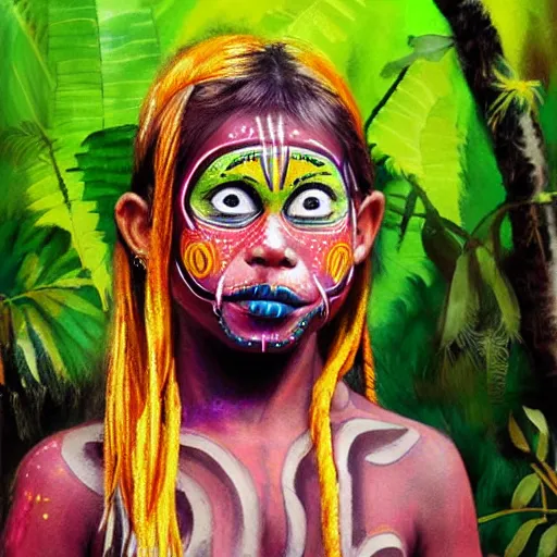 Prompt: portrait of yanomamo girl with tribal face painting in rainforest, digital painting, colorful