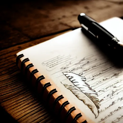 Image similar to highly detailed close up photo of an old worn notebook on wooden table, old table, feather pen, light coming out of near window, moody lighting, dim atmosphere, dust in air