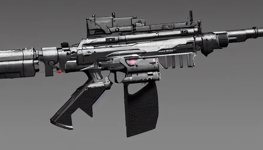 Prompt: extremely detailed realistic side view of a sci fi bullpup assault rifle, detailed pistol trigger, chemically propelled, massive battery, smooth and square, caseless ammo, side fed, railgun, chemrail, gauss, elegant sleek smooth body, white paint, sleek utopian design, ultra high quality, realistic, octane, call of duty, warframe, terminator