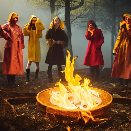 Prompt: a gathering of yellow raincoat wearing cat magicians summon a fire goddess from the depths of a raging fire pit, flames are emerging from fissures in the ground.