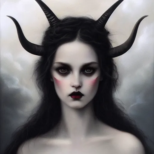 Prompt: By Tom Bagshaw, ultra realist soft painting of zynoid curiosities by night, very beautiful single female gothic fully dressed, horns, symmetry accurate features, very intricate details, ominous sky, black and white, volumetric light clouds