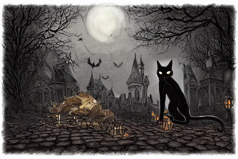 Image similar to black cat in graveyard at midnight halloween tattoo on shoulder by anton pieck, intricate, extremely detailed, digital painting, artstation concept art