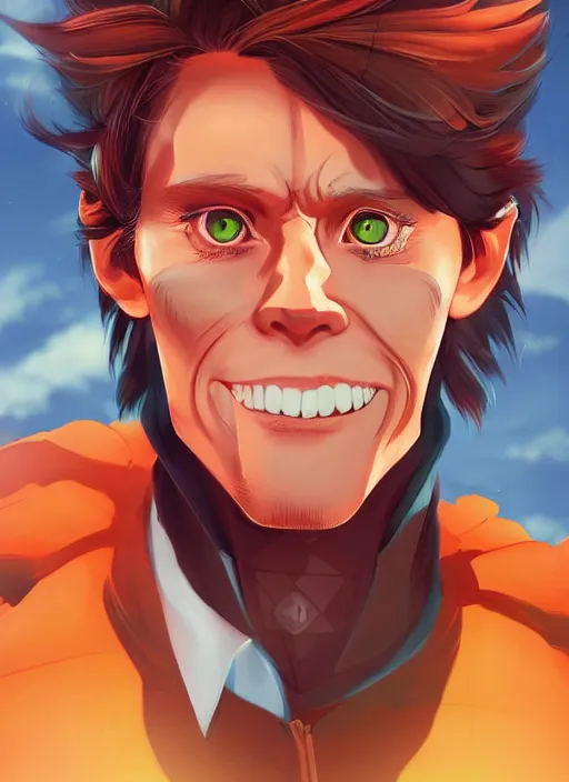 Image similar to young anime willem dafoe portrait illustrated by rossdraws, vivid colors, soft lighting, digital artwork 4 k, best of artstation