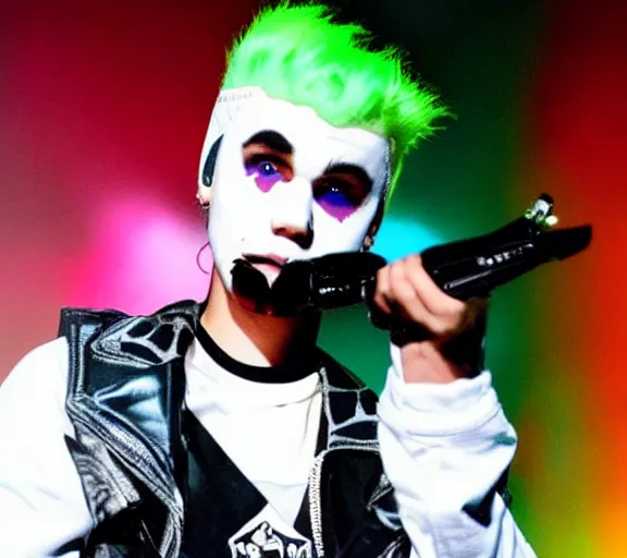 Image similar to color still shot of justin bieber lead singer performing in music group insane clown posse, face closeup