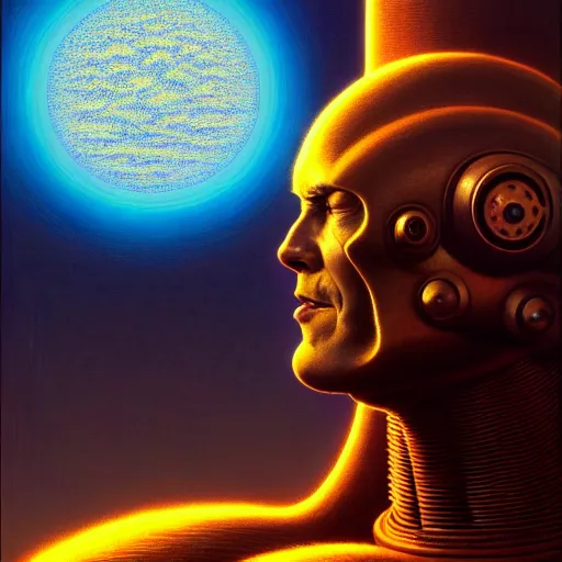 Prompt: cinematic portrait of a cosmic evil robot, only head and chest, intricate, desaturated, Tim Hildebrandt, Wayne Barlowe, Bruce Pennington, donato giancola, larry elmore, maxfield parrish, Moebius, Thomas Ehretsmann, oil on canvas, gouache painting, masterpiece, trending on artstation, cinematic composition, dramatic pose, volumetric lighting, sharp, details, hyper-detailed, HD, 4K, 8K