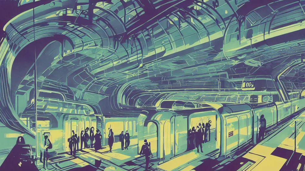 Prompt: 7 0 s sci - fi train station interior, retrofuturism, gouache, animated film, stylised, illustration, by eyvind earle, scott wills, genndy tartakovski