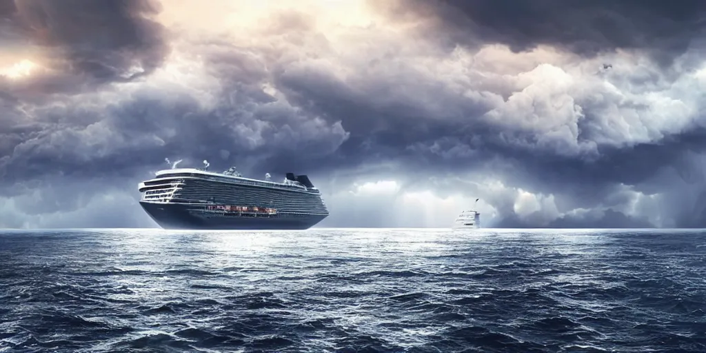 Image similar to the cruise ship lying on its side in sea, sinking, dark, storm, thunderstorm unreal engine Hight detailed An epic fantastic realism dinamic lighting