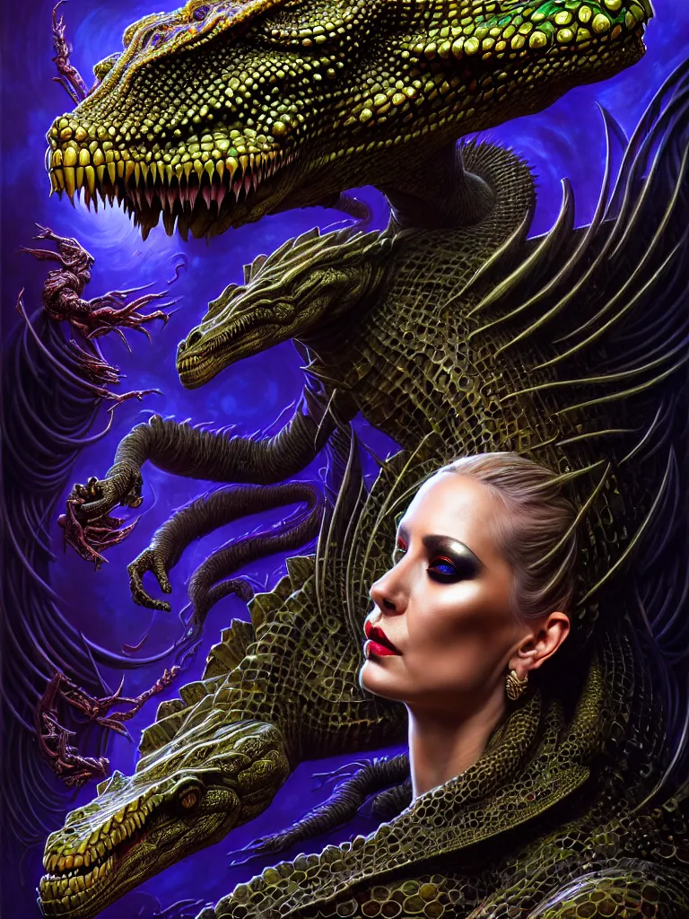 Image similar to cinematic fullbody portrait. complex hyper-maximalist overdetailed cinematic cosmic scifi portrait of an elegant very attractive but wild and dangerous reptilian goddess by andrei riabovitchev, tomasz alen kopera, oleksandra shchaslyva. Omnious intricate. Secessionist portrait illustration. Poison goddes. Focus on face. Artstation. Deviantart. 8k 4k 64megapixel. Rendered by binx.ly.