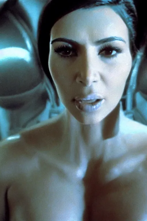 Prompt: film still of kim kardashian in the movie Alien, alien spider attached to her face as she tries to resist, scary, cinematic shot, 4k.