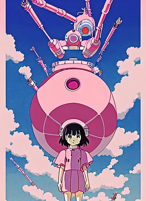 Image similar to a movie poster for a studio Ghibli film based on the song Yoshimi battles the pink robots, part 1. by the band the flaming lips; artwork by Hiyao Miyazaki and studio Ghibli; a Japanese girl is fighting a gigantic evil Pink Robot in an alley in Tokyo; incredibly detailed artwork by James jean, Phil noto, Jon Foster, studio Ghibli