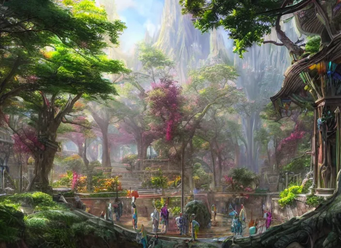 Image similar to A wide open courtyard in a beautiful, colorful elven city made of ivory, saturated colors, no haze, anime, lush trees, fountain, a fantasy digital painting by James Gurney, trending on Artstation, highly detailed