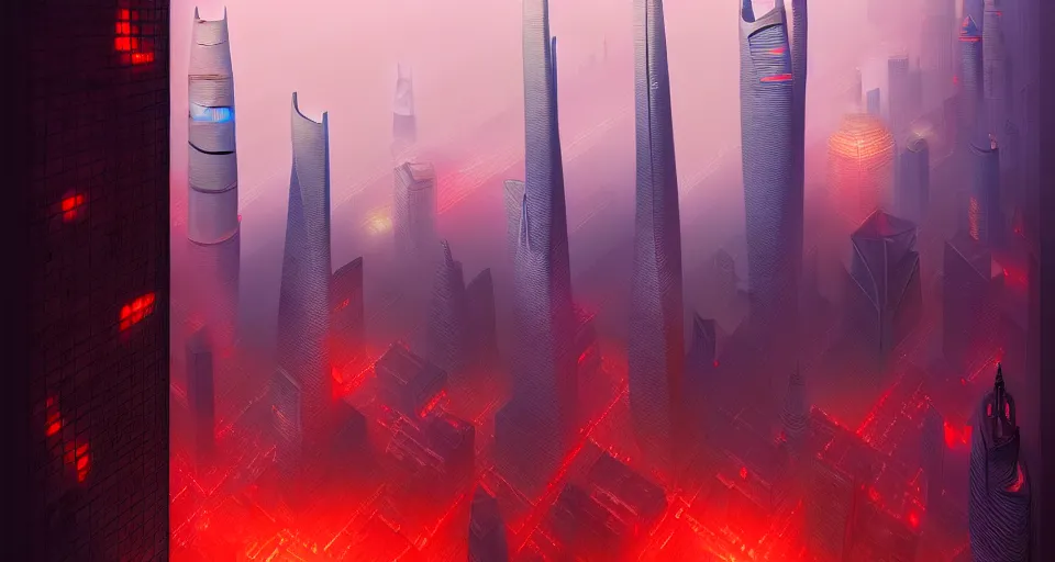 Prompt: shanghai!!, distopian, smog, tall buildings!, red ( ( light ) ), by marc simonetti