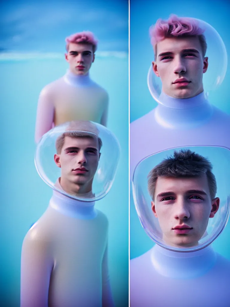 Image similar to high quality pastel coloured film portrait photograph of a beautiful young 2 0 year old male, soft facial features, short hair, perspex space helmet and oversized inflated clothing!! icelandic black rock pool environment. atmospheric three point light. photographic. art directed. ( pastel colours ). volumetric. clearcoat. waves. 8 k. filmic.