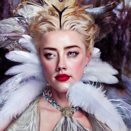 Image similar to hyperrealistic portrait of a woman as amber heard as the winter witch at her frost palace while enchanting a spell wearing white swan dress long feathers and sapphire jewellery by jeremy mann and alphonse mucha, fantasy art, photo realistic, dynamic lighting, artstation, poster, volumetric lighting, very detailed faces, 4 k, award winning