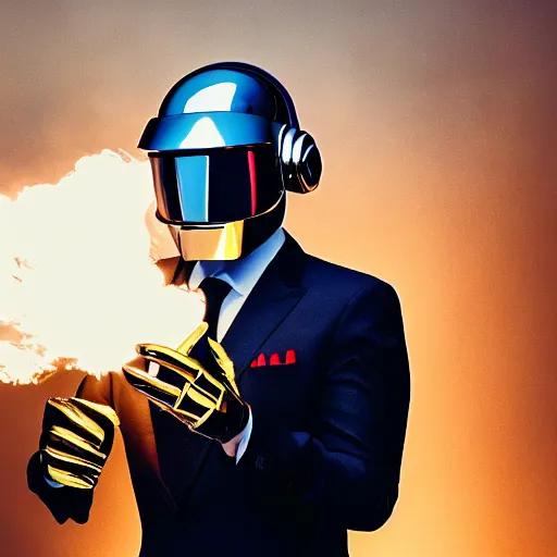 Prompt: Man in a suit holding a daft punk helmet in one hand, looking at an explosion, favela