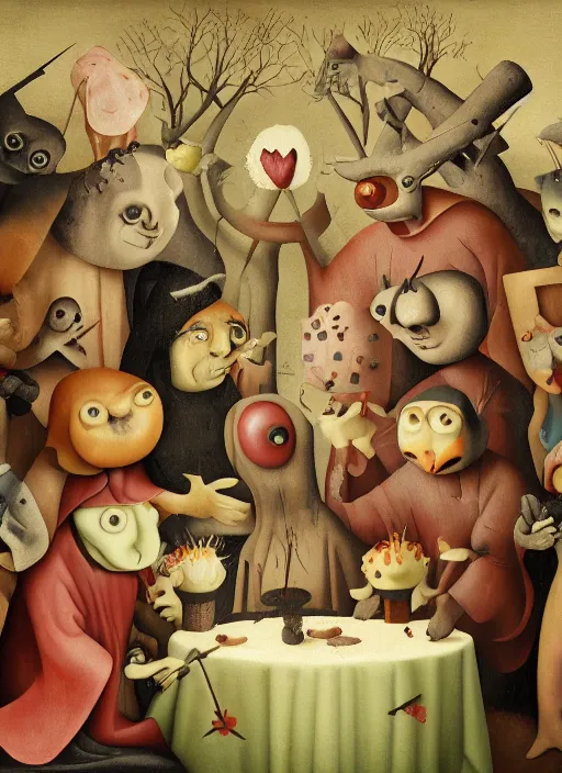 Image similar to fnafs eating cakes painted by hieronymous bosch, detailed digital art, trending on Artstation