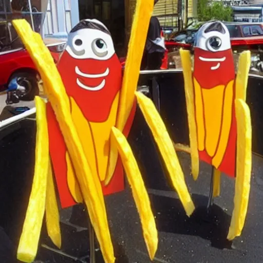 Prompt: Giant anthropomorphic French Fries!!! fighting star trek engineers!!, big teeth on fries biting