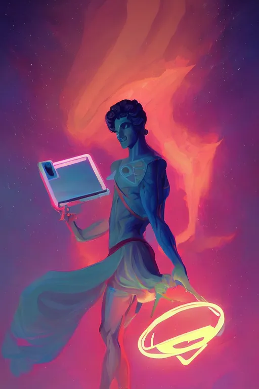 Image similar to the handsome greek god hermes, wearing winged helmet, holding glowing laptop computer, digital painting bioluminance alena aenami artworks in 4 k design by lois van baarle by sung choi by john kirby artgerm style pascal blanche and magali villeneuve