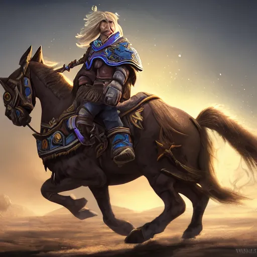 Image similar to a boy riding a horse, blizzard warcraft art, concept art, incredibly highly detailed and realistic, 8 k, sharp focus, studio quality