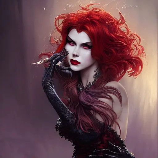 Image similar to a beautiful and detailed matte painting of poison ivy dressed as a seductive vampire cat girl, fantasy, d & d, dark eyeliner, intricate, elegant, highly detailed, digital painting, artstation, concept art, matte, sharp focus, illustration, art by greg rutkowski and alphonse mucha