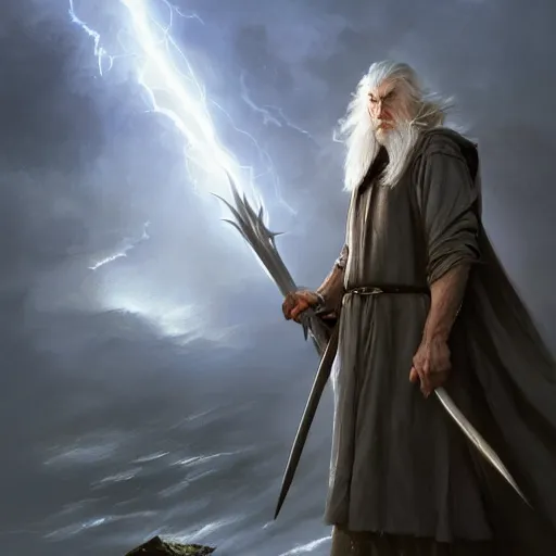 Prompt: gandalf casts a lightningbolt, dramatic light, night, thunderclouds, fantasy background, painted by stanley lau, painted by greg rutkowski, painted by stanley artgerm, digital art, trending on artstation