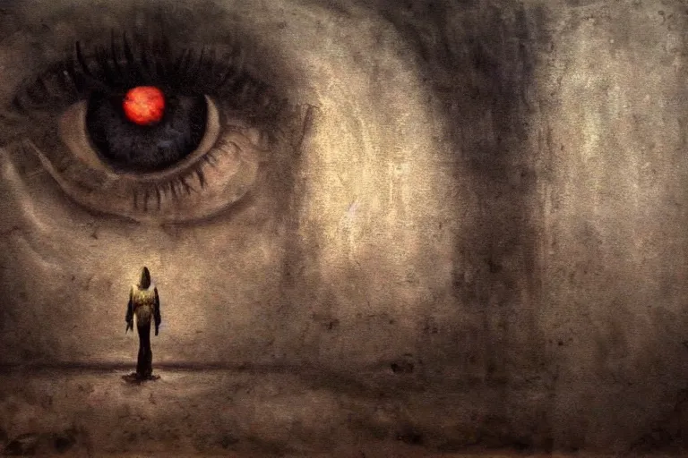 Image similar to standing at the eye of a giant being, silent hill, psychological horror, oil painting, atmospheric, eyes