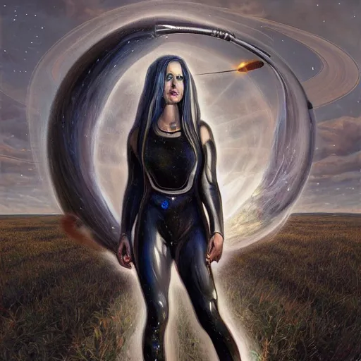 Prompt: pleiadian woman with big eyes and long silver hair wearing a dark body suit and holding a plasma gun as a realistic sci fi character, portrait art by donato giancola and greg rutkowski, digital art, trending on artstation, standing in a barren field, long silver hair, full body