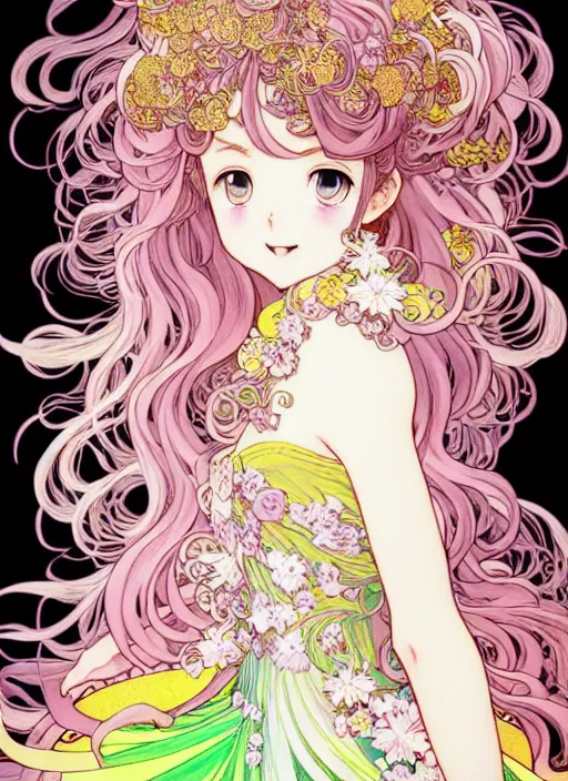 Prompt: exquisite imaginative manga poster of a fairy princess, long wavy hair, rococo ruffles dress, shimmering, by shigenori soejima, minaba hideo, katsuhiro otomo, alphonse mucha, jump comics, illustration, artstation, dark fantastic, highly detailed, 8 k, fluorescent, fluorescent, maximalist