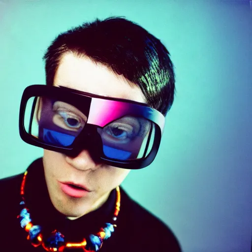 Image similar to kodak ektachrome e 1 0 0 photograph of a nerdy goth guy wearing goggles and eclectic jewelry, moody lighting, telephoto, 9 0 s vibe, blurred background, vaporwave colors, faded!,