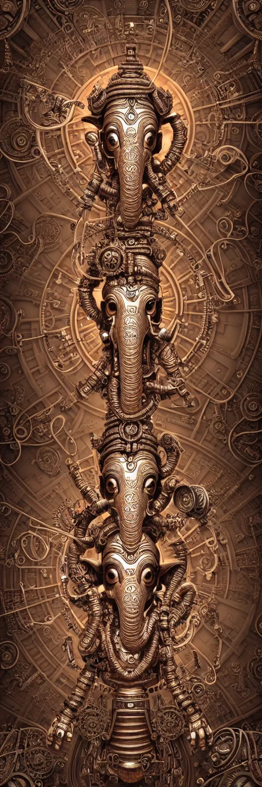 Image similar to seamless pattern of steampunk cybernetic biomechanical hindu god ganesha, symmetric, 3 d model, very coherent symmetrical artwork, unreal engine realistic render, 8 k, micro detail, intricate, elegant, highly detailed, centered, digital painting, artstation, smooth, sharp focus, illustration, artgerm, tomasz alen kopera, wlop